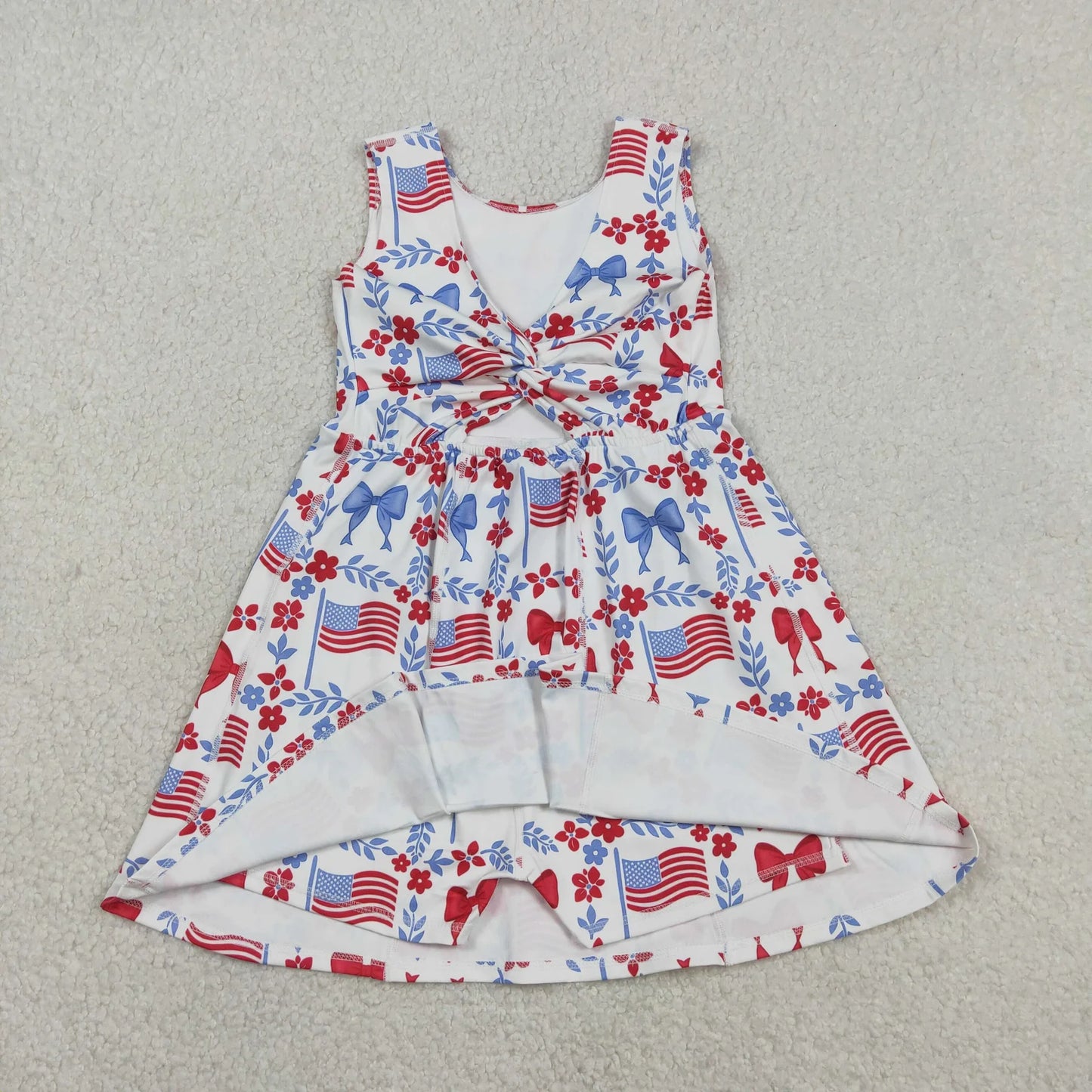 Sibling Baby Girls Kids Sleeveless Flags Bows Flower Shorts Dress Set 4th of July Clothes RTS