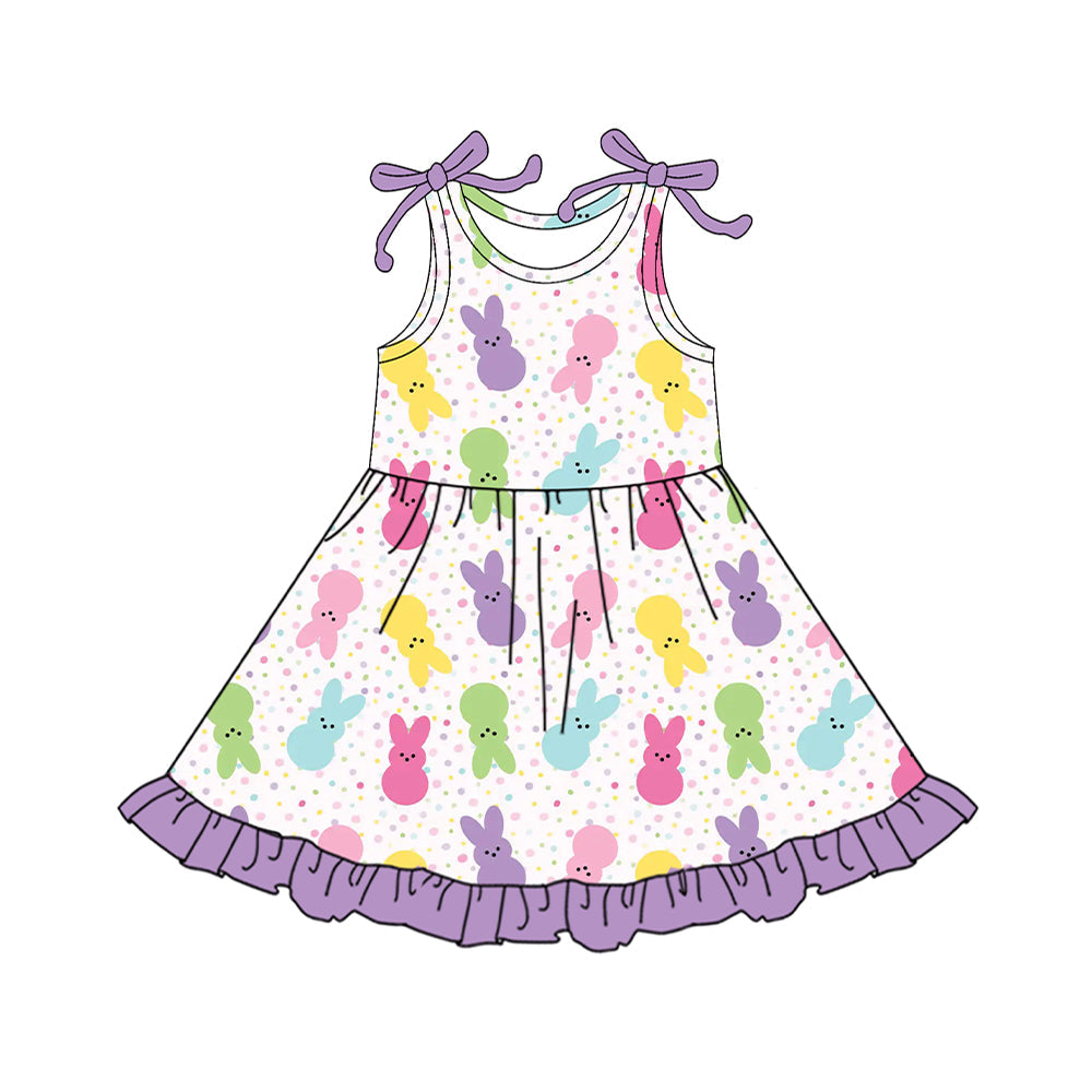 ( Moq 5 ) Preorder Baby Girls Kids Bows Straps Rabbits Easter Knee Length Dress