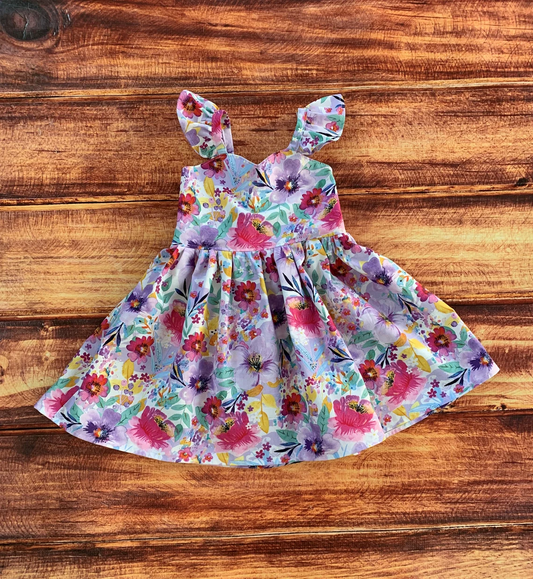 ( Moq 5 ) Preorder Baby Girls Short Sleeves Flower Summer Purple Knee Length Dress