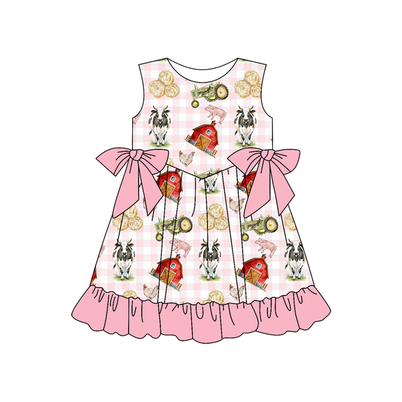 ( Moq 5 ) Preorder Baby Girls Sleeveless Farm Animals Plaid Pink Bows Ruffle Knee Length Dress