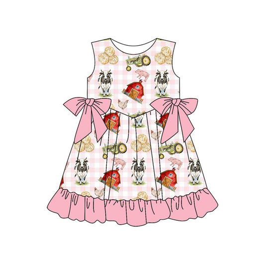 ( Moq 5 ) Preorder Baby Girls Sleeveless Farm Animals Plaid Pink Bows Ruffle Knee Length Dress