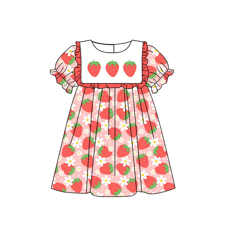 ( Moq 5 ) Preorder Baby Girls Kids Short Sleeves Strawberry Flower Ruffle Knee Length Dress