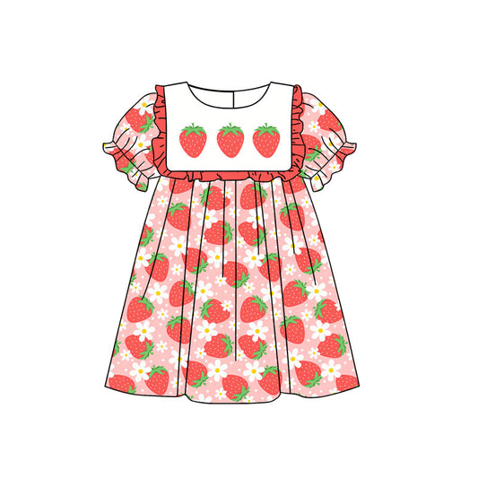 ( Moq 5 ) Preorder Baby Girls Kids Short Sleeves Strawberry Flower Ruffle Knee Length Dress