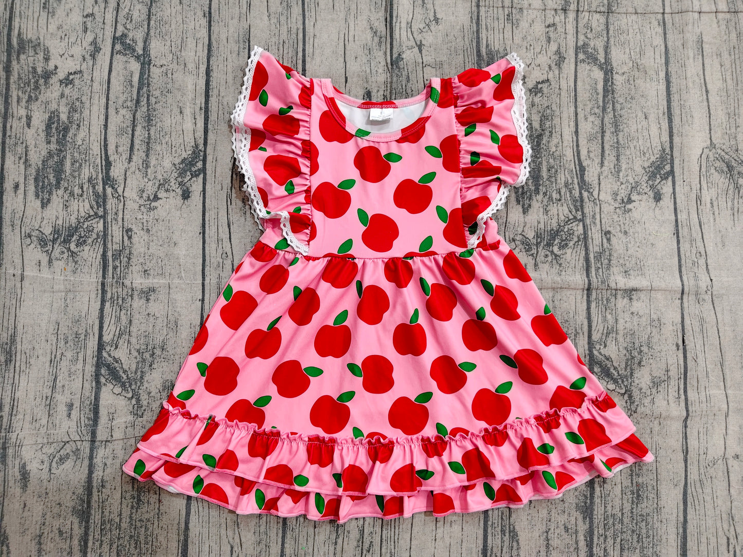 ( No moq ) Preorder Baby Girls Short Sleeves Apple Back to School Ruffle Knee Length Dress