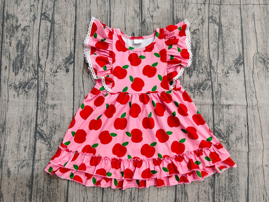 ( No moq ) Preorder Baby Girls Short Sleeves Apple Back to School Ruffle Knee Length Dress