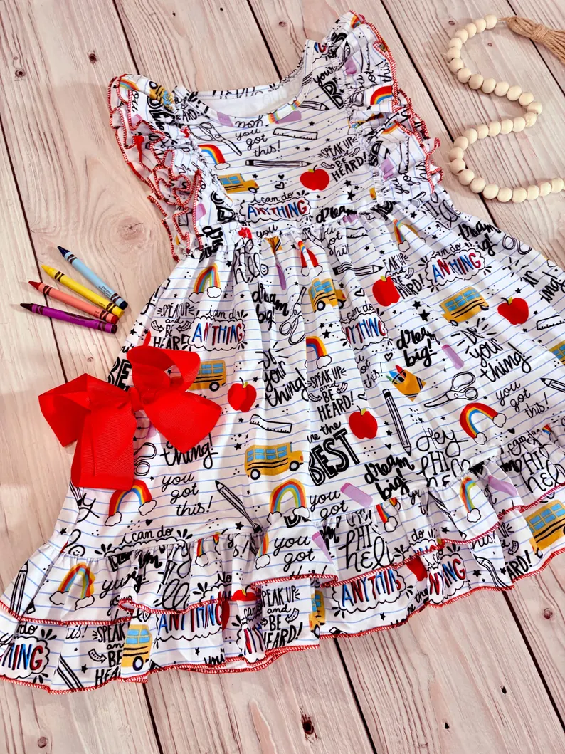 ( Moq 5 ) Preorder Baby Girls Short Sleeves Apple Pencil Back To School Ruffle Knee Length Dress