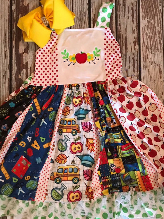 ( Moq 5 ) Preorder Baby Girls Kids Apple Pencil Back to School Knee Length Twirl Dress