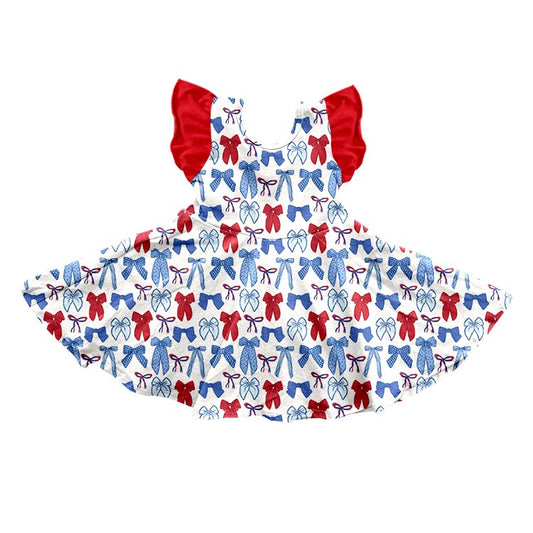 ( Moq 5 ) Preorder Baby Girls Short Sleeves Red Blue Bows 4th of July Knee Length Dress