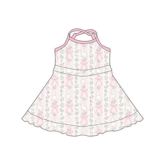 ( Moq 5 ) Preorder Baby Girls Sleeveless Rabbits Floral Bows Easter Yoga Shorts Knee Length Dress