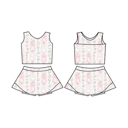 ( Moq 5 ) Preorder Baby Girls Rabbits Floral Bows Tops Shorts Skirt Easter Yoga Clothes Set