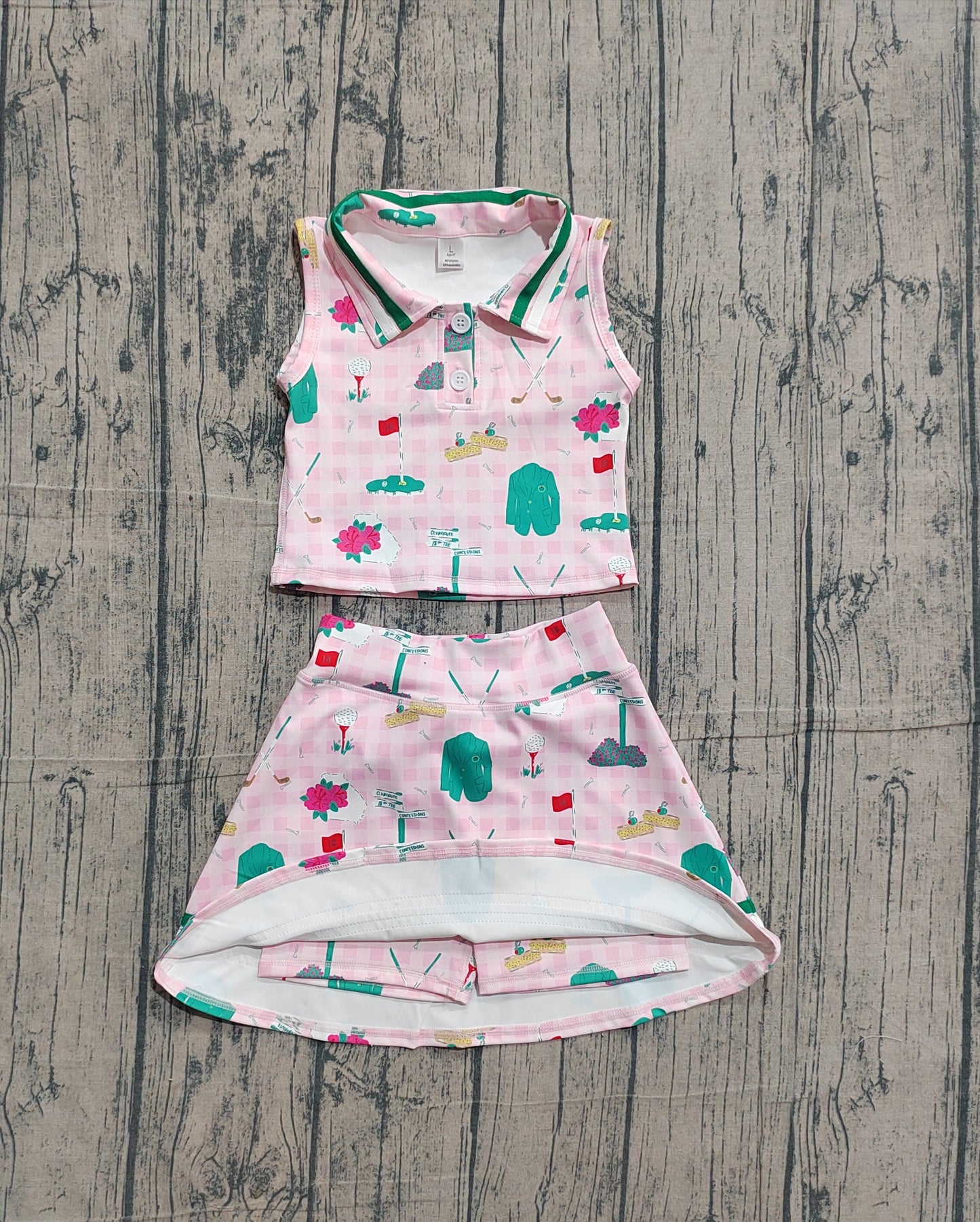 Baby Girls Sleeveless Golf Plaid Tops Shorts Skirt Yoga Pink Clothes Set RTS