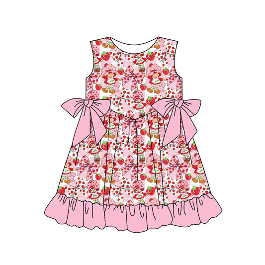( Moq 5 ) Preorder Baby Girls Sleeveless Strawberry Bows Summer Pink Ruffle Knee Length Dress
