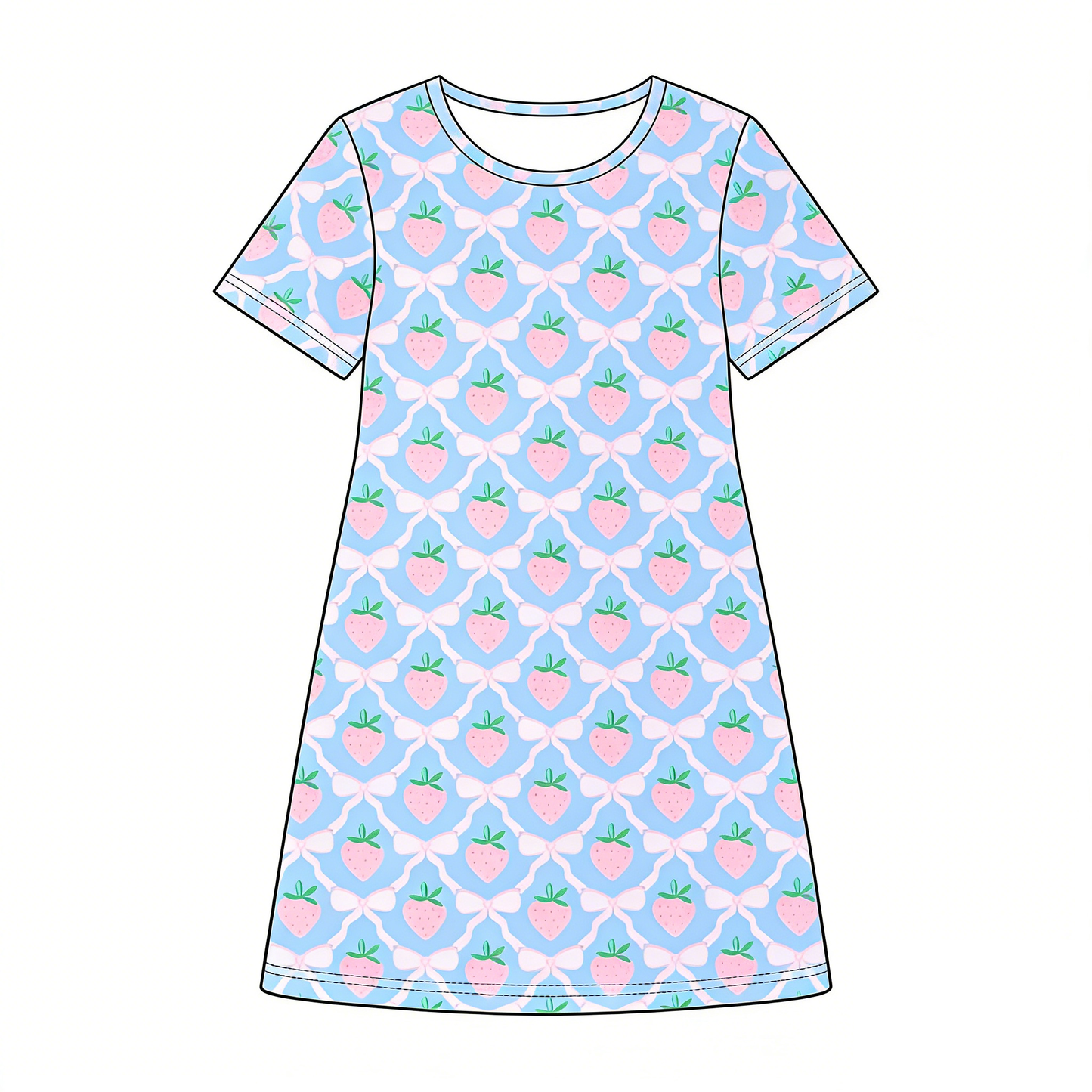 ( Moq 5 ) Preorder Baby Girls Kids Short Sleeves Strawberry Bows Blue Knee Length Dress