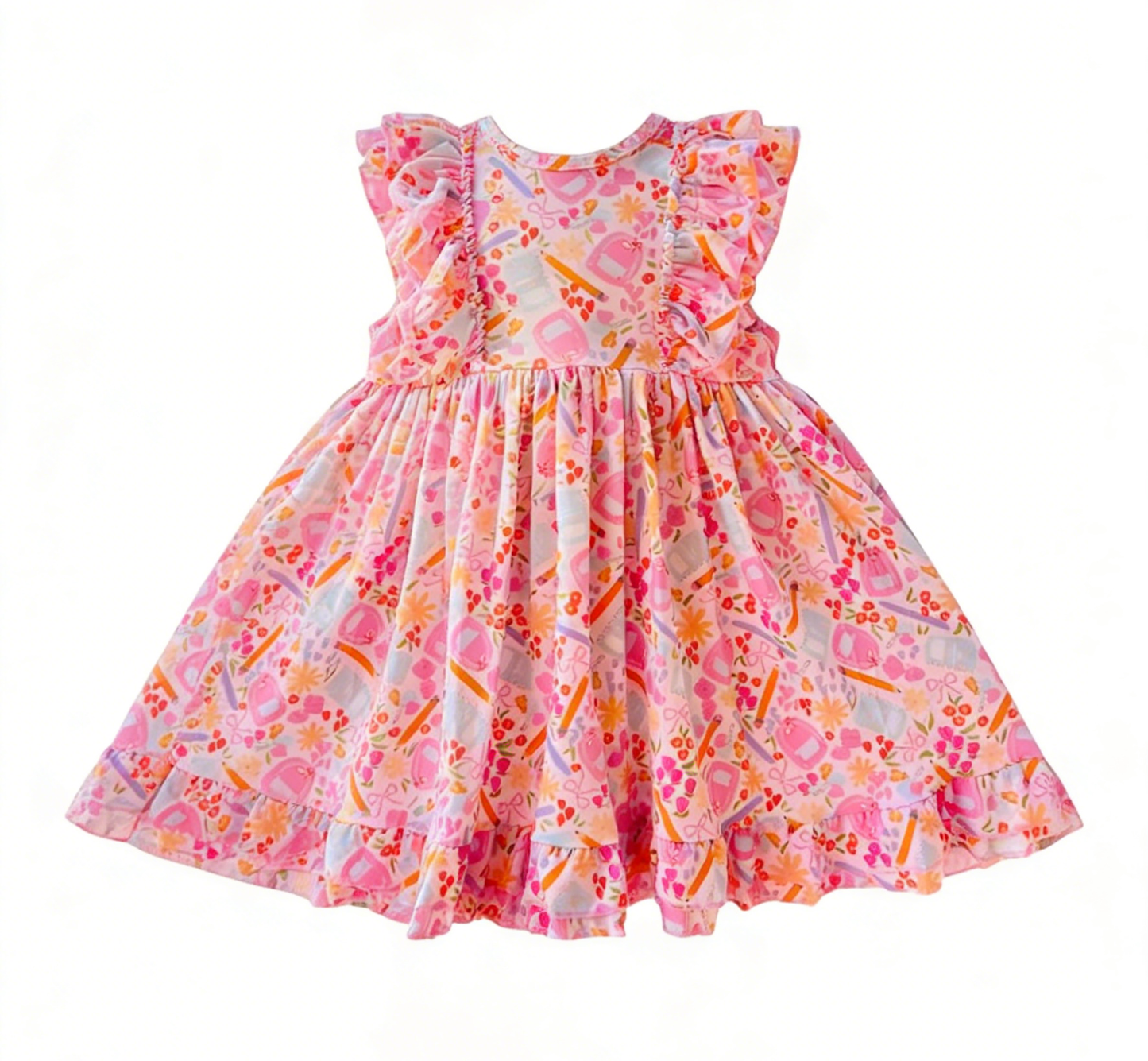 ( Moq 5 ) Preorder Baby Girls Short Sleeves Pencil Flower Bows Back to School Ruffle Dress