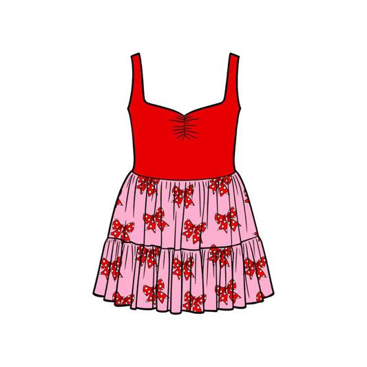( Moq 5 ) Preorder Baby Girls Kids Straps Red Bows Knee Length Dress