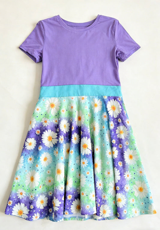 ( Moq 5 ) Preorder Baby Girls Kids Purple Short Sleeves Flower Knee Length Dress