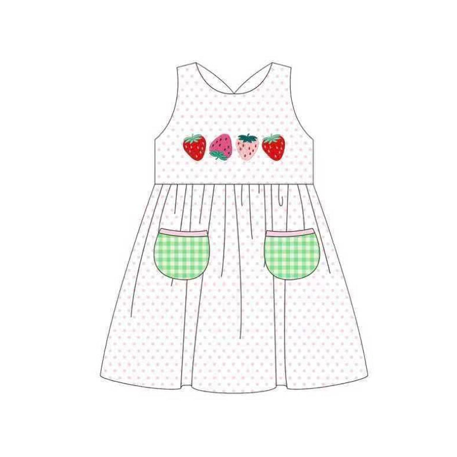 ( Moq 5 ) Preorder Baby Girls Kids Sleeveless Strawberry Pockets Knee Length Dress