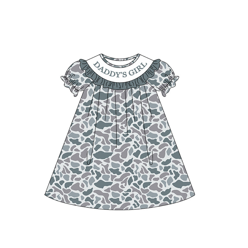 ( Moq 5 ) Preorder Baby Girls Short Sleeves Daddy's Girl Grey Camo Knee Length Dress
