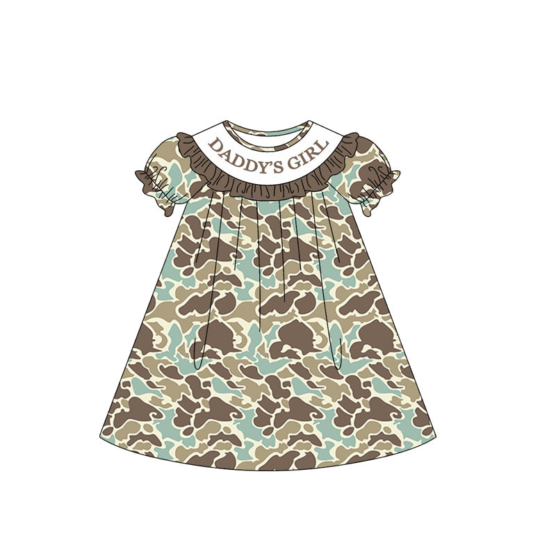 ( Moq 5 ) Preorder Baby Girls Short Sleeves Daddy's Girl Green Brown Camo Knee Length Dress