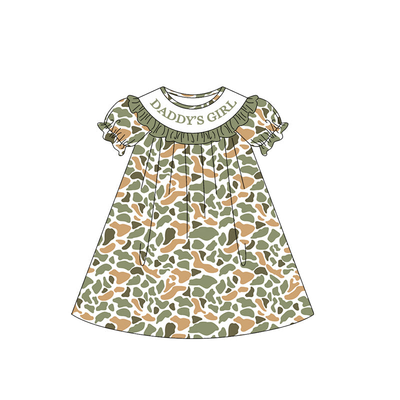 ( Moq 5 ) Preorder Baby Girls Short Sleeves Daddy's Girl Orange Green Camo Knee Length Dress