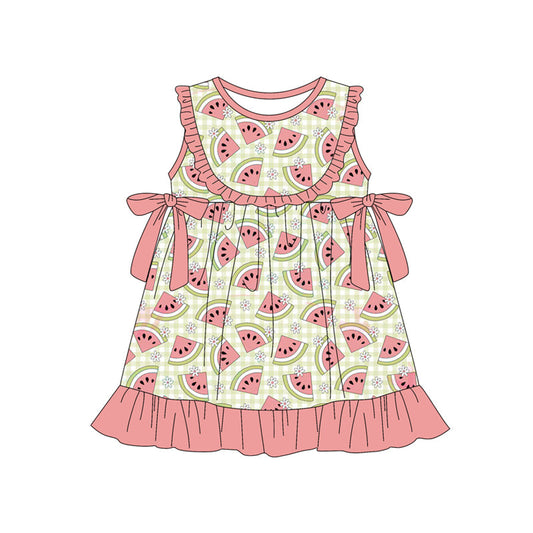 ( Moq 5 ) Preorder Baby Girls Sleeveless Watermelon Flower Bows Ruffle Knee Length Dress