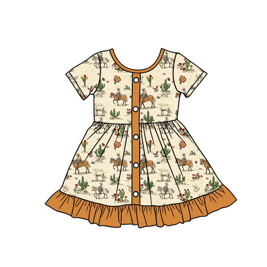 ( Moq 5 ) Preorder Baby Girls Kids Short Sleeves Western Cowboy Cactus Ruffle Knee Length Dress