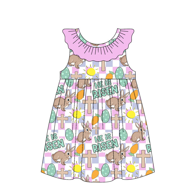 ( Moq 5 ) Preorder Baby Girls Rabbits Eggs Crosses Plaid Ruffle Easter Knee Length Dress