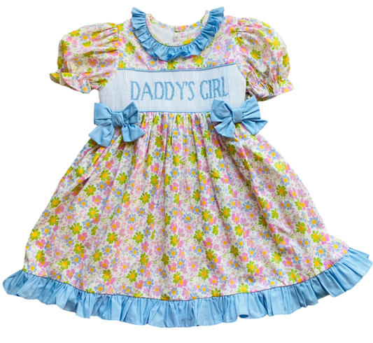 ( Moq 5 ) Preorder Baby Girls Short Sleeves Daddy's Girl Floral Blue Bows Ruffle Knee Length Dress
