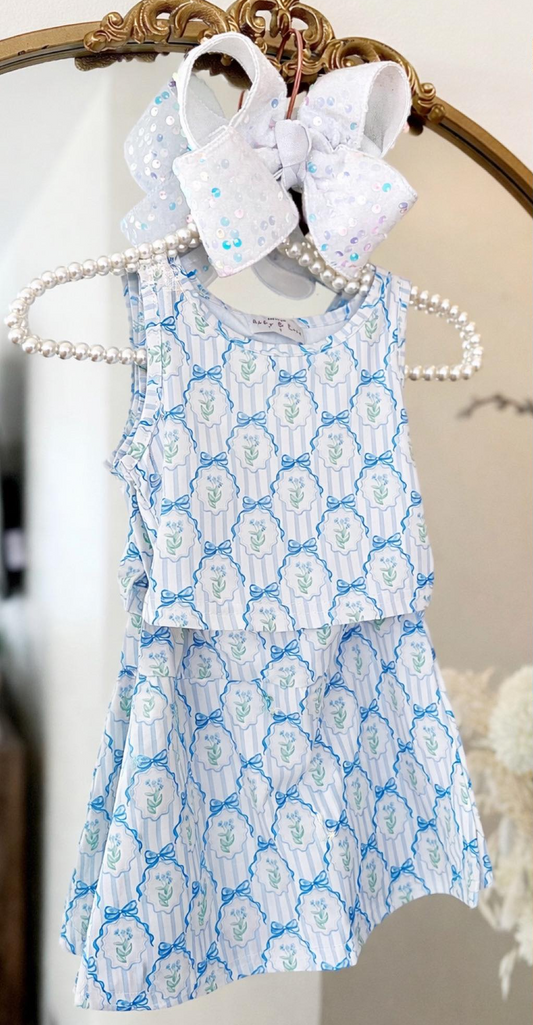 ( Moq 5 ) Preorder Baby Girls Kids Blue Bows Flower Stripes Tops Shorts Skirt Yoga Active Set