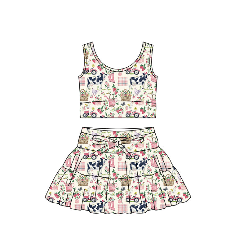 ( Moq 5 ) Preorder Baby Girls Farm Animals Flower Tops Shorts Skirt Yoga Active Clothes Set