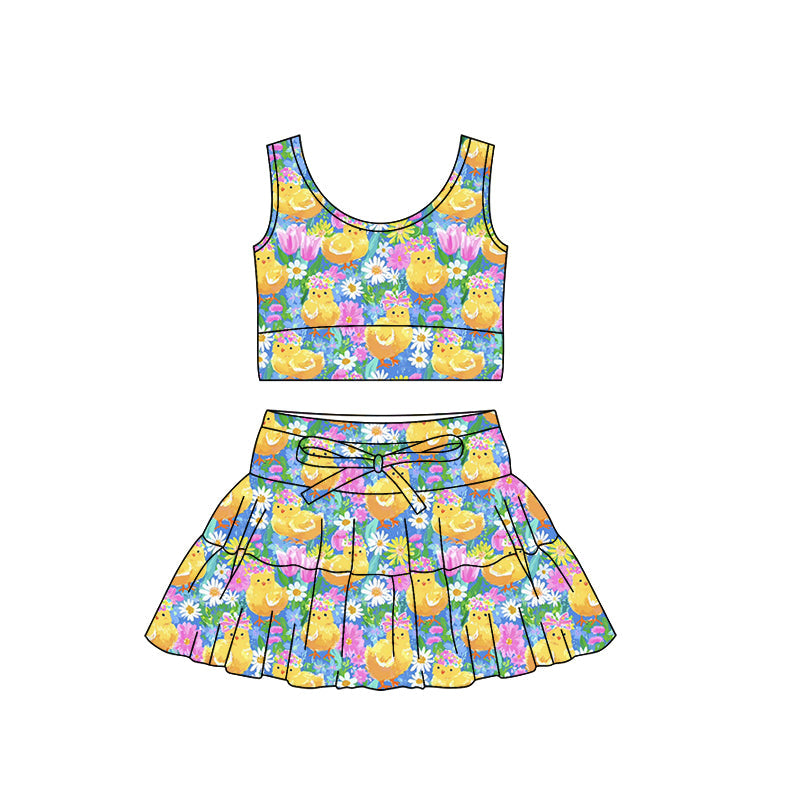 ( Moq 5 ) Preorder Baby Girls Chicks Flower Tops Shorts Skirt Easter Yoga Active Clothes Set