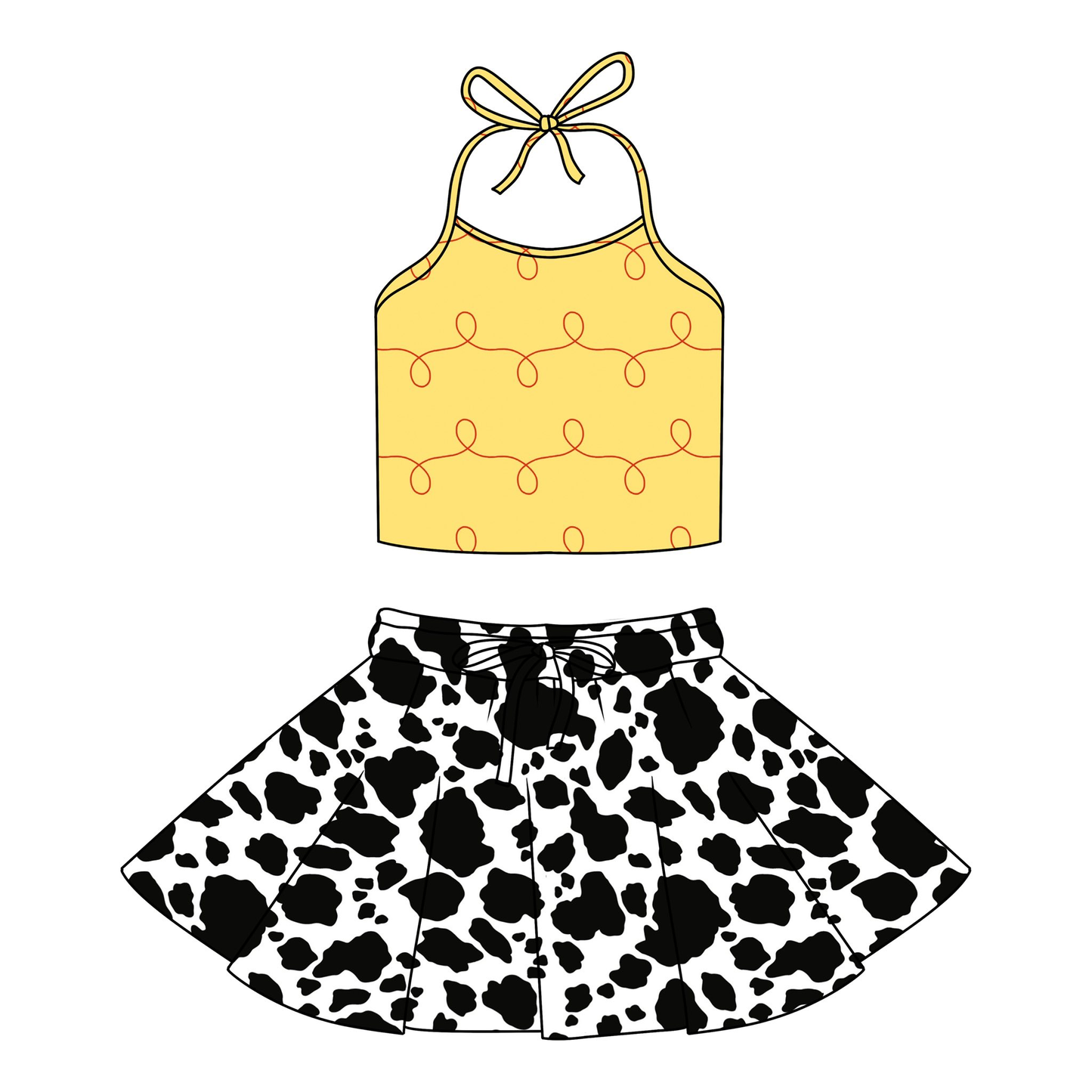 ( Moq 5 ) Preorder Baby Girls Kids Halter Yellow Tops Western Cow Print Skirt Clothes Set