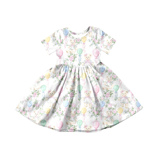 ( Moq 5 ) Preorder Baby Girls Short Sleeves Bear Bows Flower Balloons Knee Length Dress