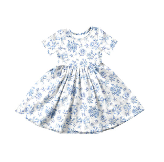 ( Moq 5 ) Preorder Baby Girls Short Sleeves Flower Blue Bows Summer Knee Length Dress