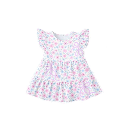 ( Moq 5 ) Preorder Baby Girls Kids Short Sleeves Bows Flowers Easter Knee Length Dress