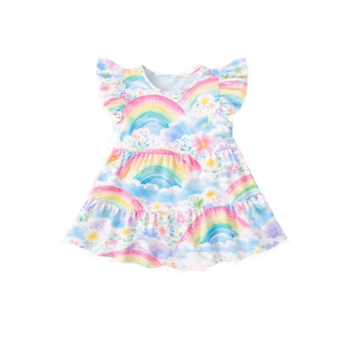 ( Moq 5 ) Preorder Baby Girls Toddler Short Sleeves Rainbow Flowers Knee Length Dress