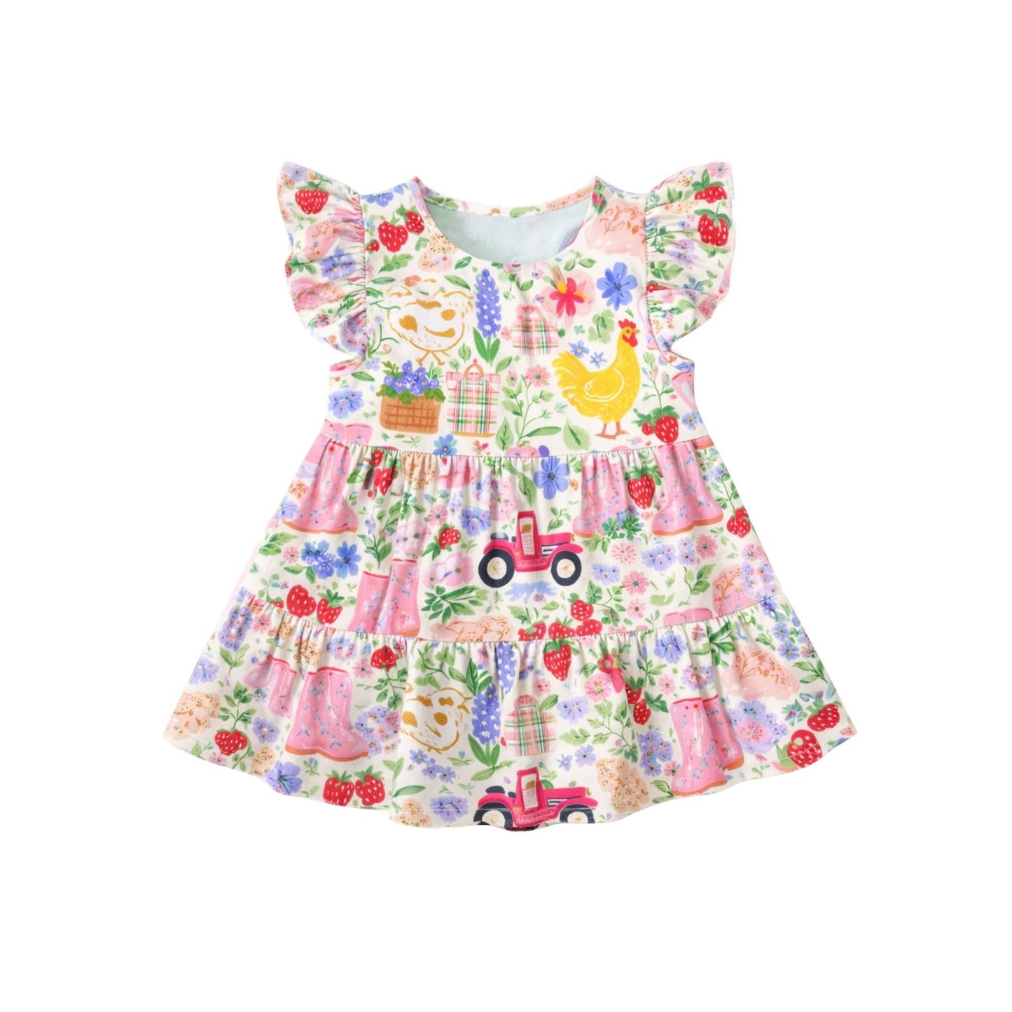 ( Moq 5 ) Preorder Baby Girls Kids Short Sleeves Chicken Flower Tractors Farm Knee Length Dress