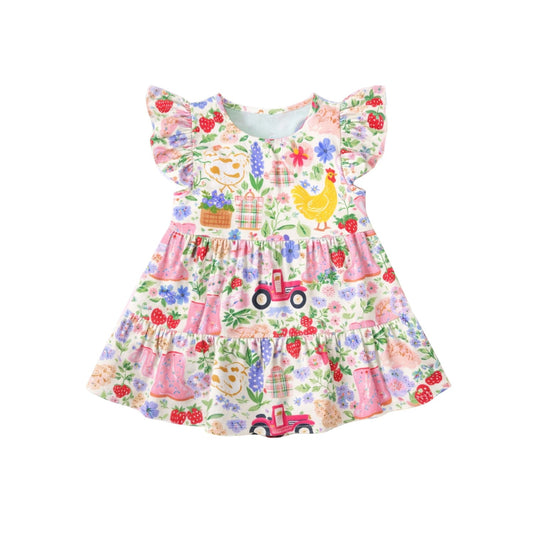 ( Moq 5 ) Preorder Baby Girls Kids Short Sleeves Chicken Flower Tractors Farm Knee Length Dress