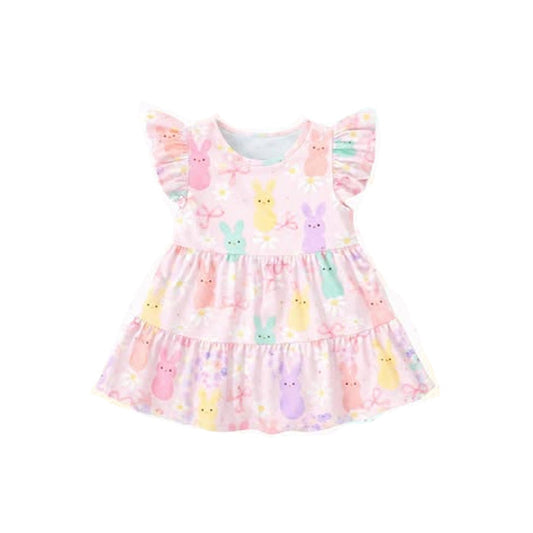 ( Moq 5 ) Preorder Baby Girls Kids Short Sleeves Rabbits Bows Flowers Easter Knee Length Dress