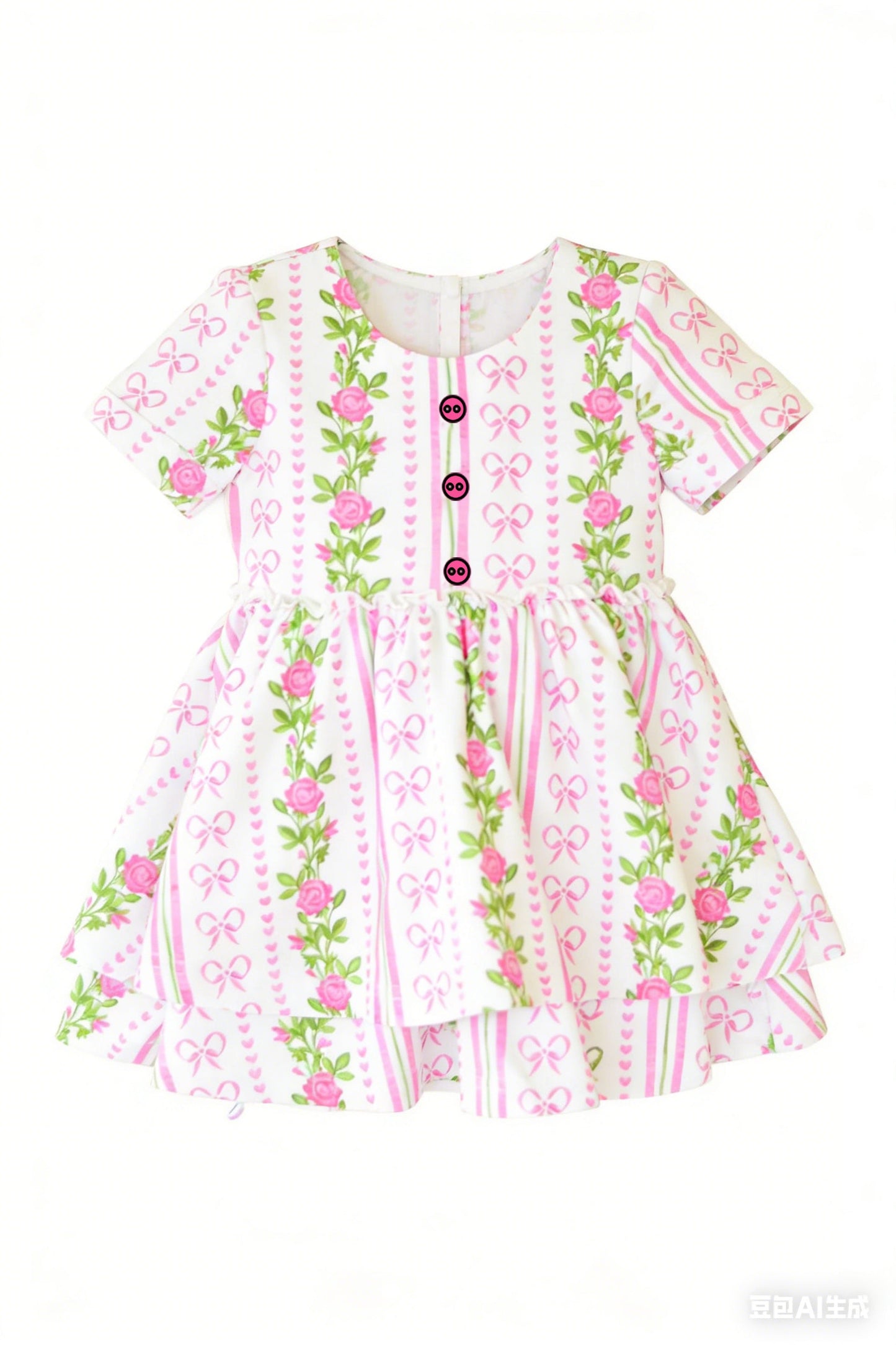 ( Moq 5 ) Preorder Baby Girls Kids Short Sleeves Flower Bows Buttons Ruffle Knee Length Dress