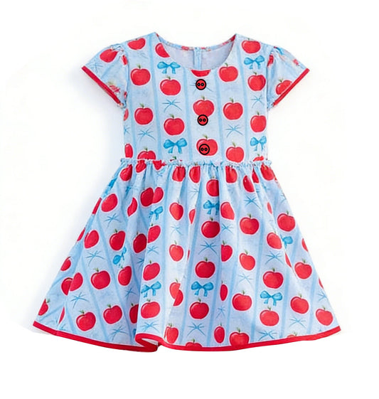 ( Moq 5 ) Preorder Baby Girls Kids Short Sleeves Apple Bows Back to School Knee Length Dress