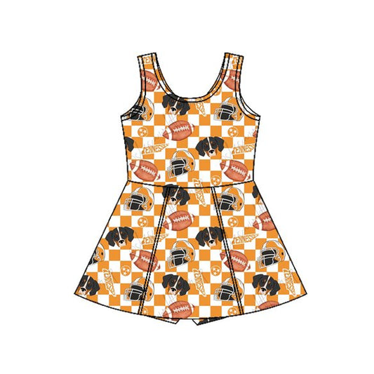 ( Moq 5 ) Preorder Baby Girls Kids Sleeveless Dogs Football Orange Checked Team Yoga Shorts Dress
