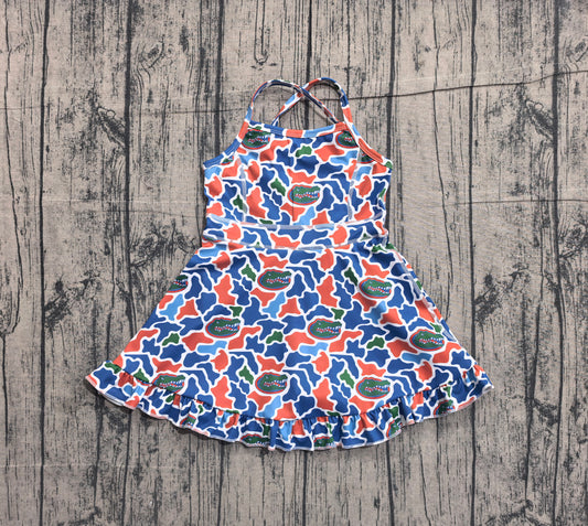 ( No moq ) Preorder Baby Girls Kids Straps Blue Orange Camo Print Team Yoga Ruffle Knee Length Dress