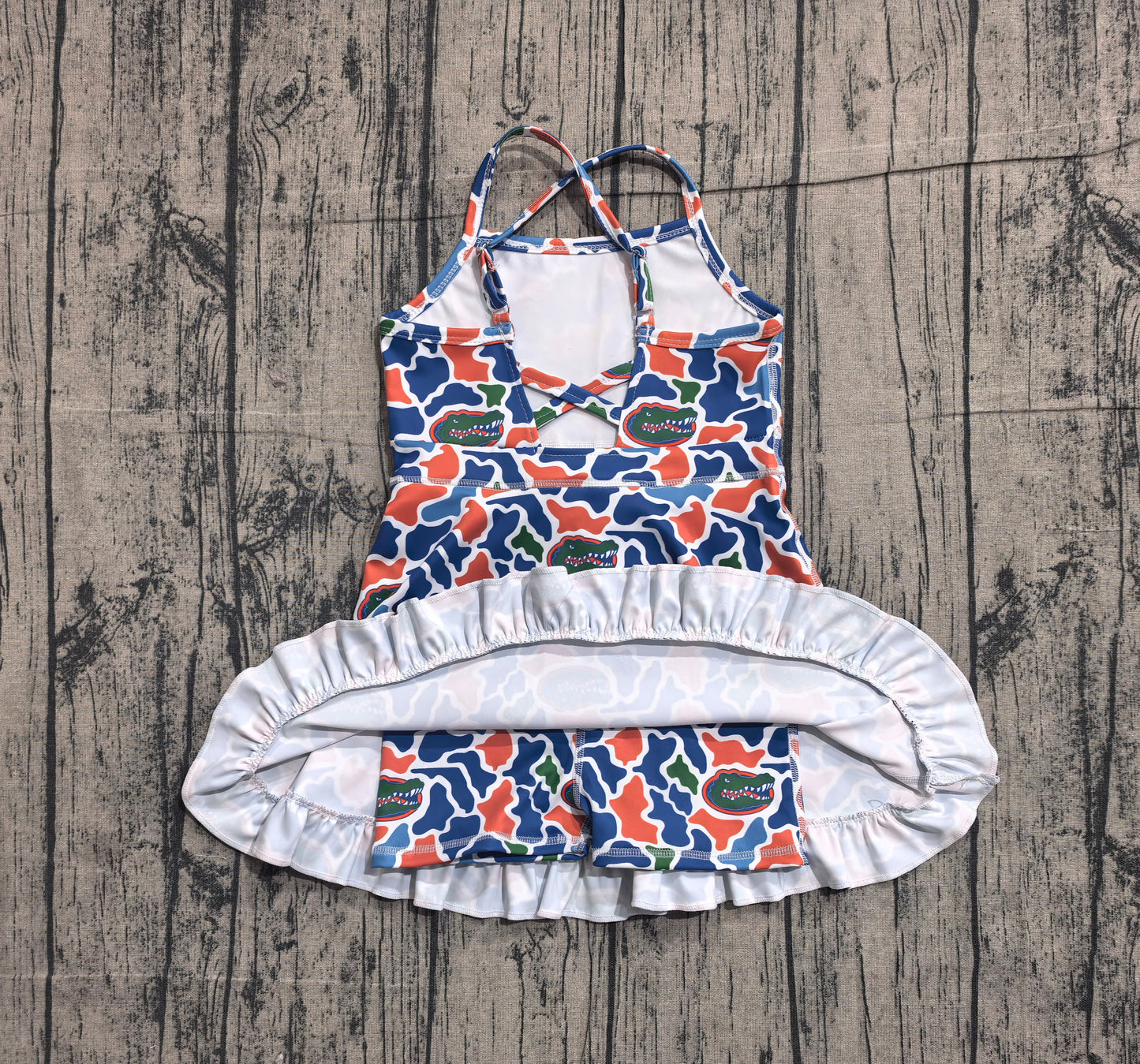 ( No moq ) Preorder Baby Girls Kids Straps Blue Orange Camo Print Team Yoga Ruffle Knee Length Dress