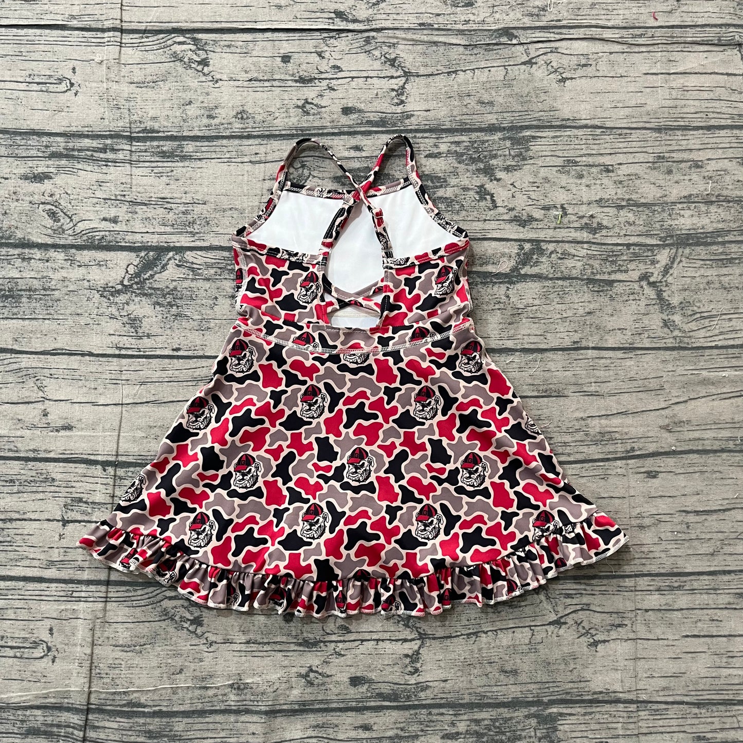 ( No moq ) Preorder Baby Girls Kids Straps Dogs Camo Print Team Yoga Ruffle Knee Length Dress