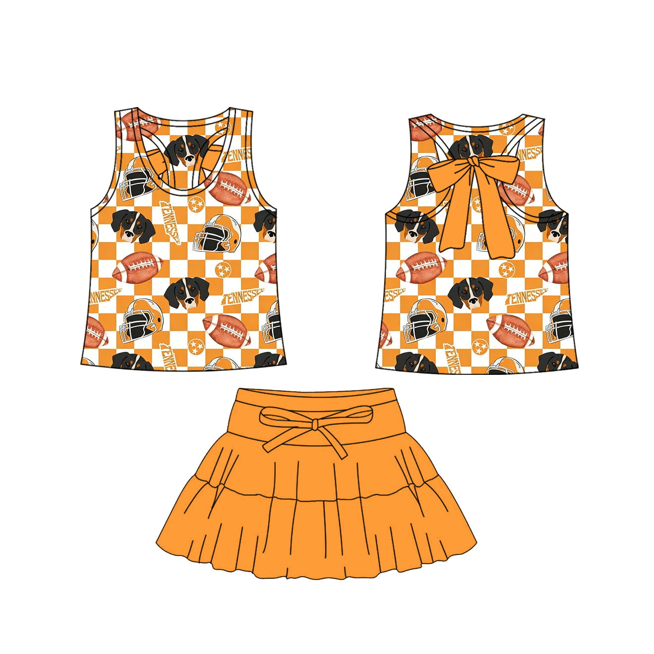 ( Moq 5 ) Preorder Baby Girls Dogs Football Checked Tops Orange Shorts Skirt Clothes Team Cheer Set