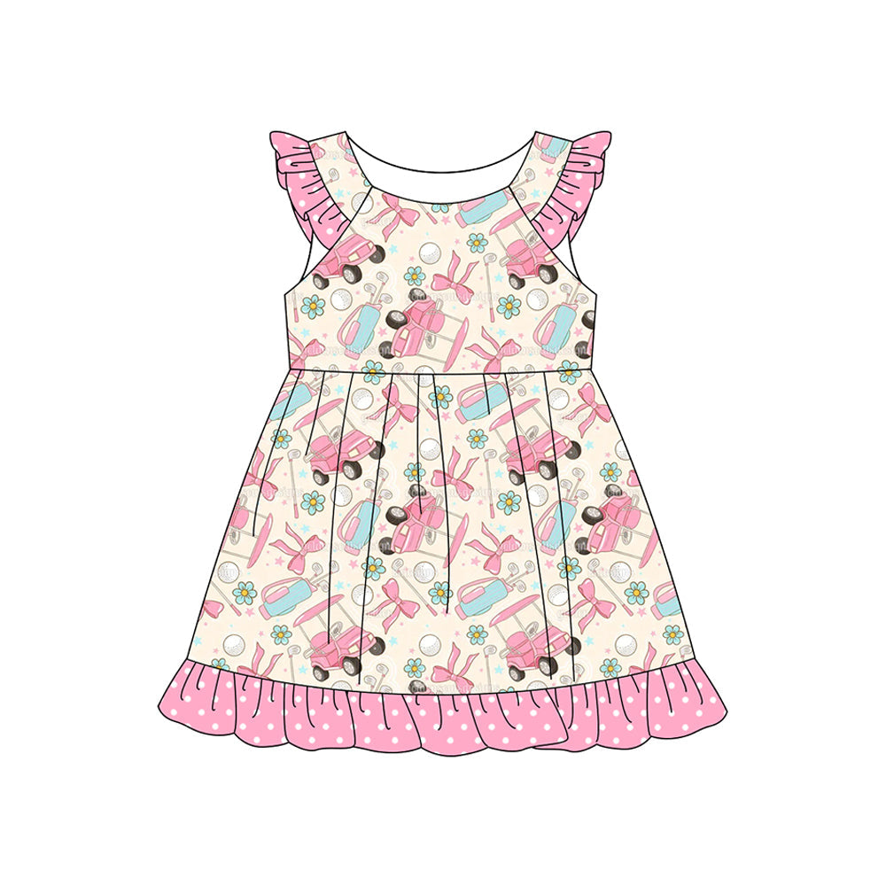 ( Moq 5 ) Preorder Baby Girls Kids Short Sleeves Golf Flower Bows Knee Length Dress