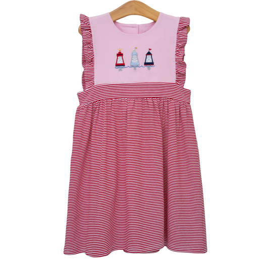( Moq 5 ) Preorder Baby Girls Kids Lighthouses Red Stripes Ruffle Knee Length Dress