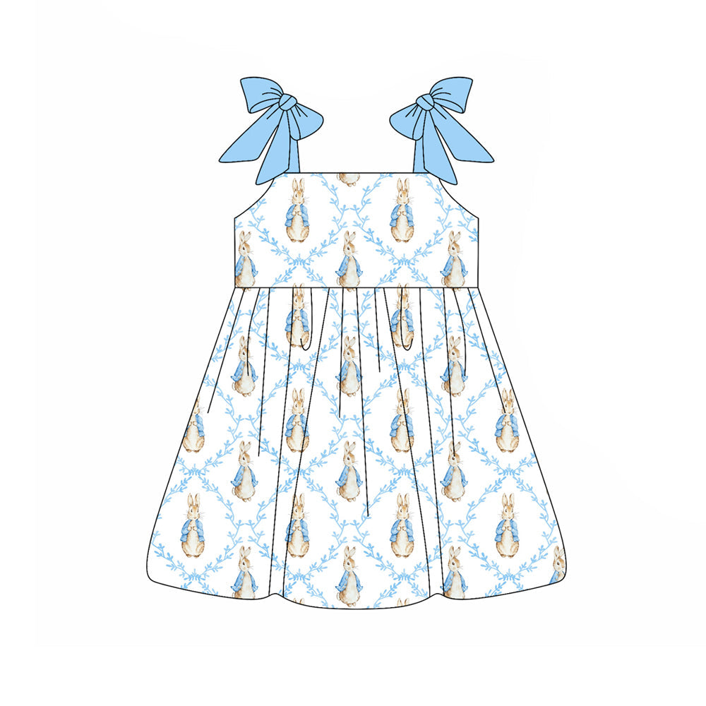 ( Moq 5 ) Preorder Baby Girls Kids Blue Bows Rabbits Easter Knee Length Dress