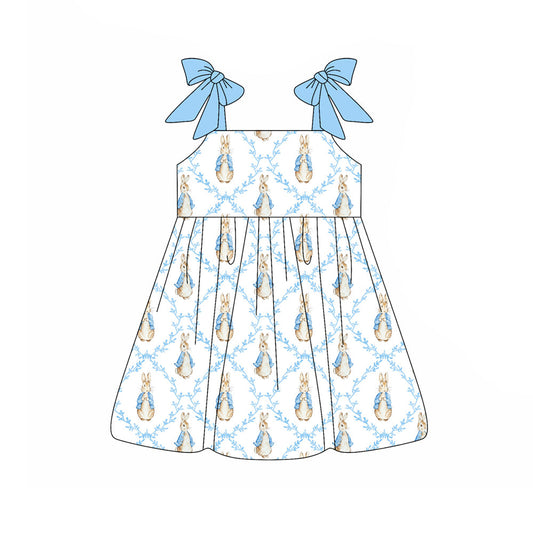 ( Moq 5 ) Preorder Baby Girls Kids Blue Bows Rabbits Easter Knee Length Dress